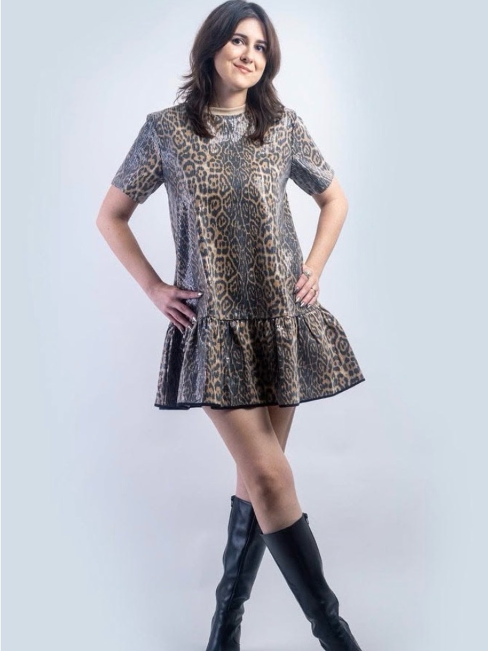 Strut and Bolt Sequin Taupe Leopard Mini Dress Size Small NWT